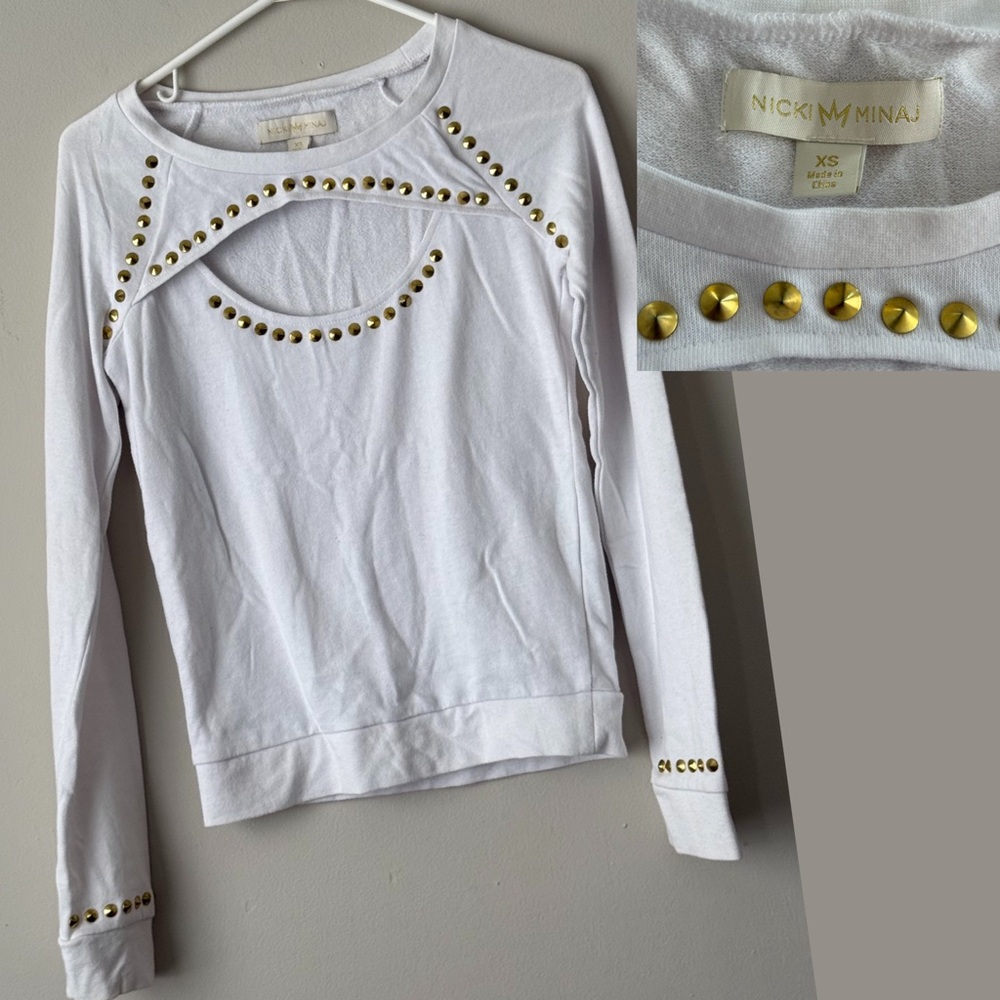 Nicki Minaj White Top/ Sweatshirt with Gold Stud Details and a Cut Out Size XS